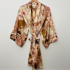 Vintage Brown Satin Floral Print 70s Belted Kimono